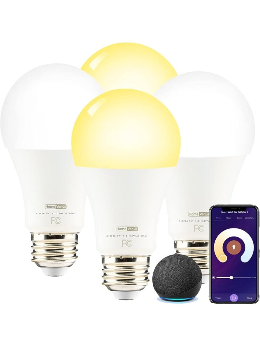 Dimmable Smart LED Light Bulbs, Tunable Cool/Warm White, WiFi & Bluetooth, 4